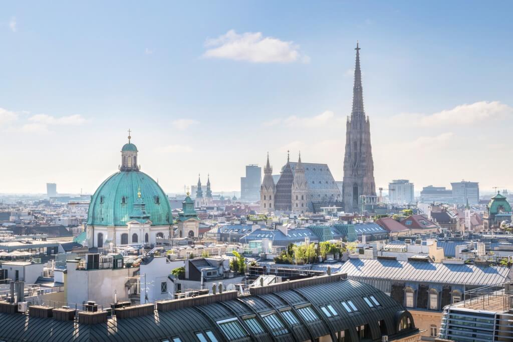 View over Vienna Skyline with St. Stephen's Cathedral at morning, Vienna, Austria